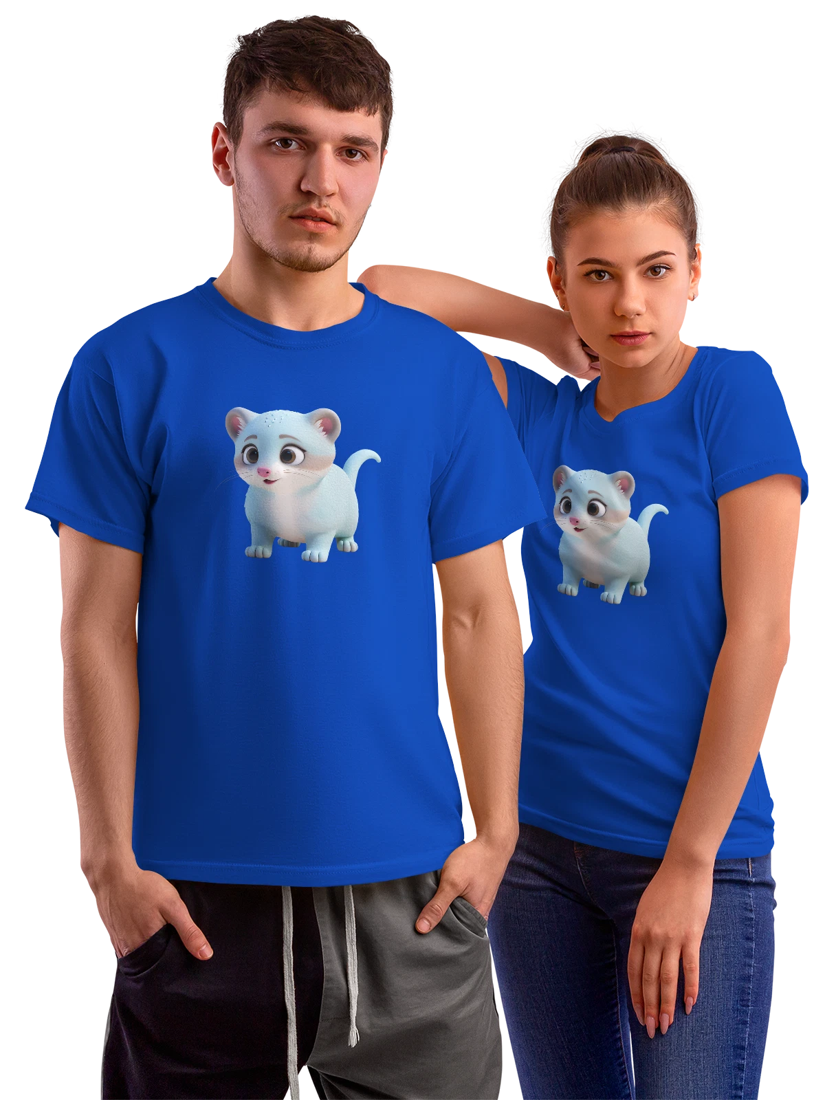 Футболка с мультяшным белым котёнком и большими глазами синяя с принтом — милый зверёк — Синяя, фото 1