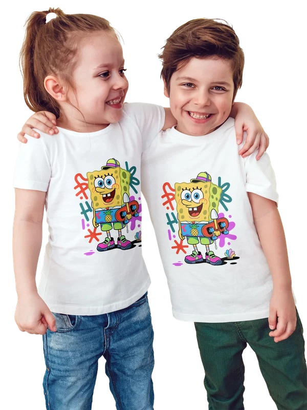 Футболка Губка Боб SpongeBob мультфильм скейтбордист — Белая, фото 1