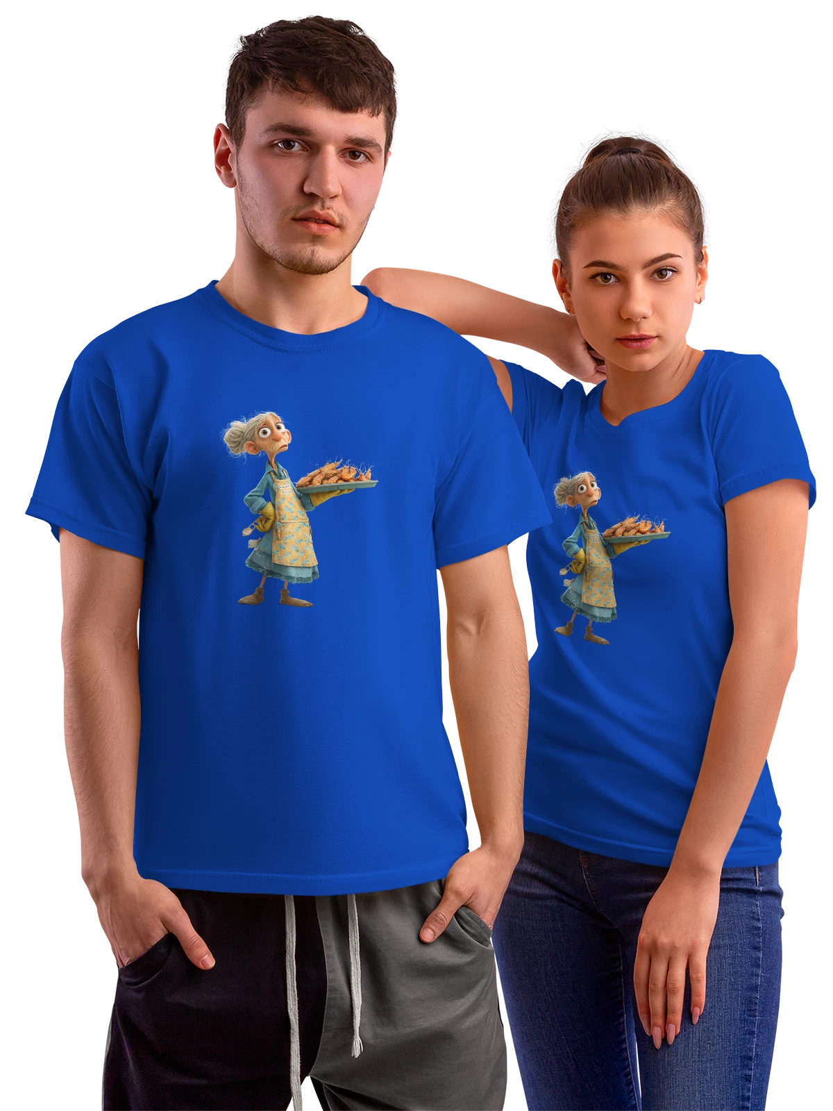 Футболка Пожилая женщина с подносом креветок синяя с принтом — кухня — Синяя, фото 1