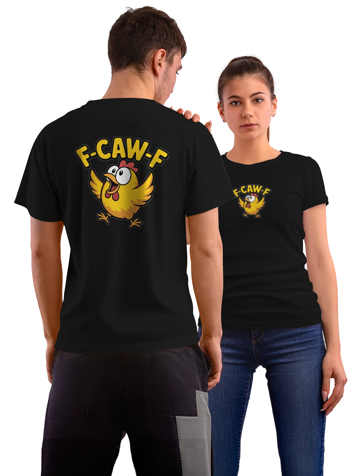 Футболка с цыпленком F-CAW-F в комикс стиле чёрная с принтом на спине — кричащий цыпленок — Чёрная, фото 1