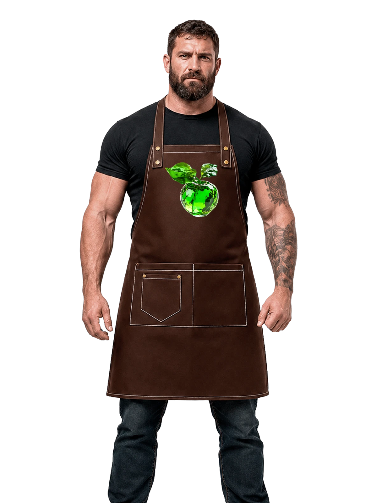 Фартук коричневый с принтом Зелёное стеклянное яблоко с листьями — стеклянный арт — Коричневый, фото 1