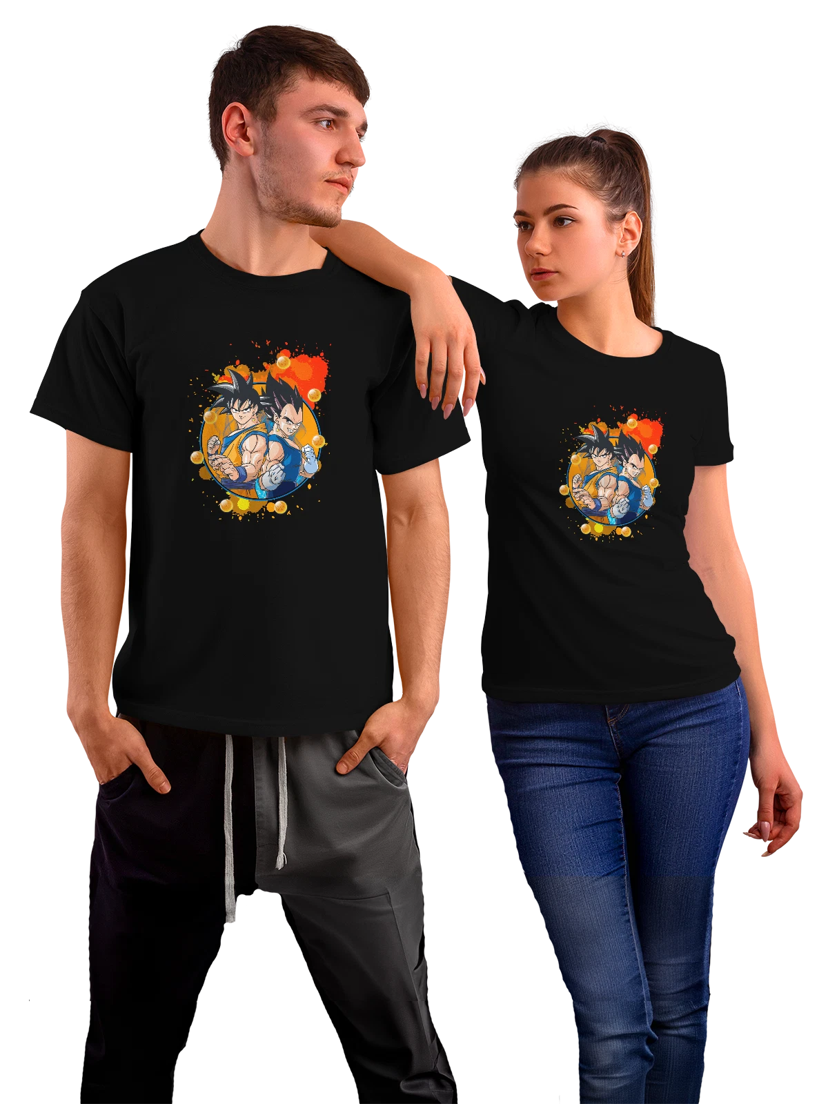 Футболка Вегета и Гоку Драконий шар на фоне сфер чёрная с принтом — фанарт — Чёрная, фото 1