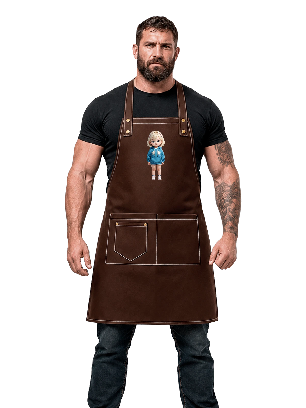Фартук коричневый с принтом Кукла девочка в синем худи со звездами — 3d иллюстрация — Коричневый, фото 1