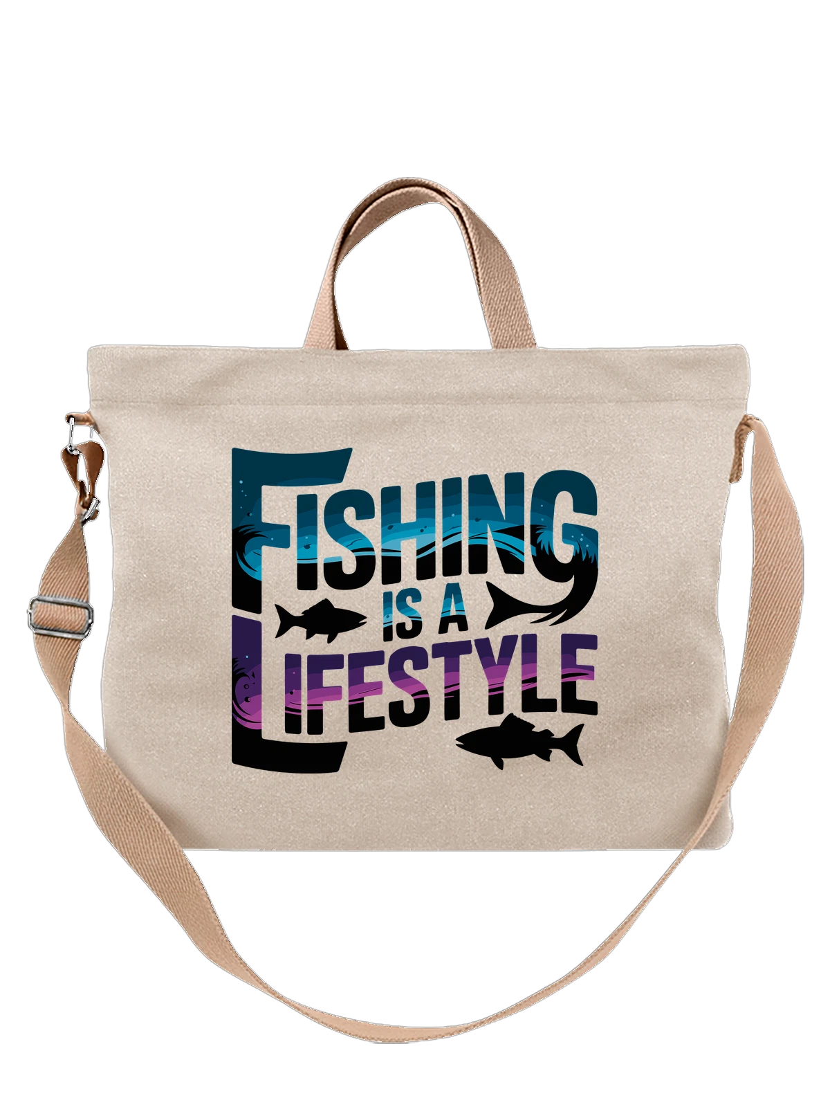 Сумка бежевая с принтом Абстрактный неоновый дракон с волнами — синий неон — Бежевая, фото 1