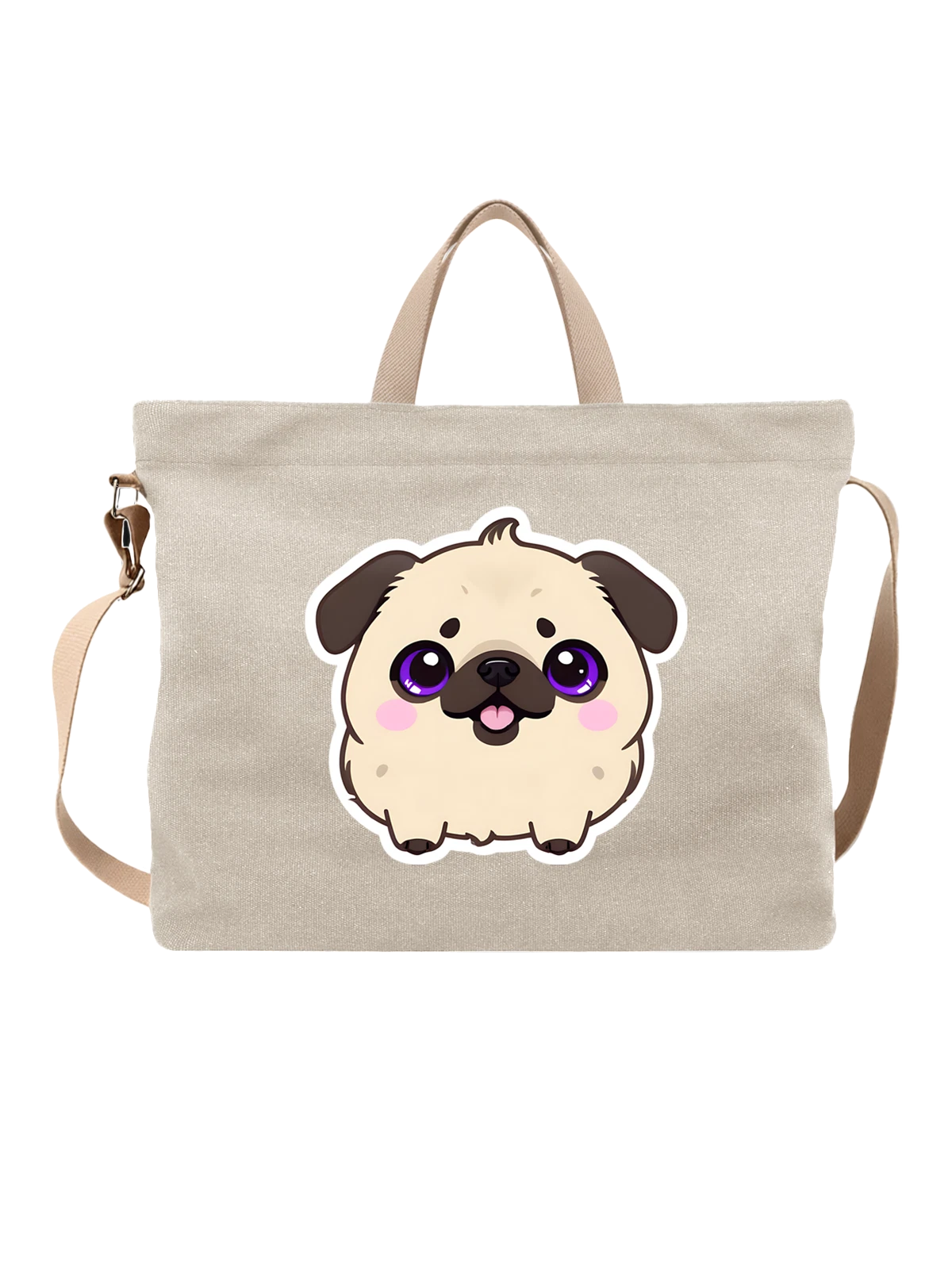 Сумка Милая мопс собака с фиолетовыми глазами белая с принтом — фиолетовые глаза — Белая, фото 1