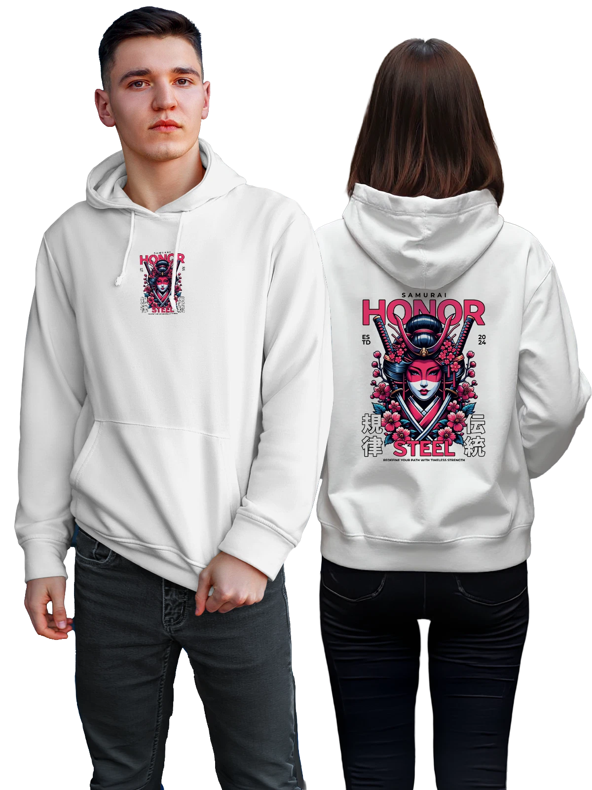 Худи Японская гейша с цветами HONOR STEEL белое с принтом — цветы сакуры — Белая, фото 1