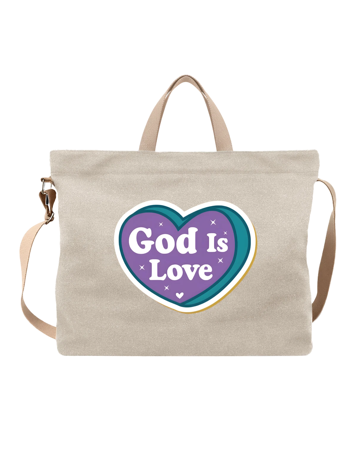 Сумка бежевая с принтом Сердце God Is Love фиолетовое — вера — Бежевая, фото 1