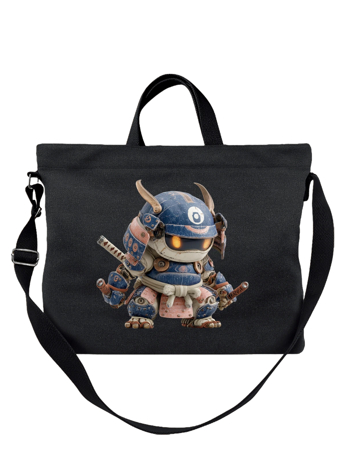 Сумка чёрная с принтом Робот самурай в синей броне с катаной — катана — Чёрная, фото 1