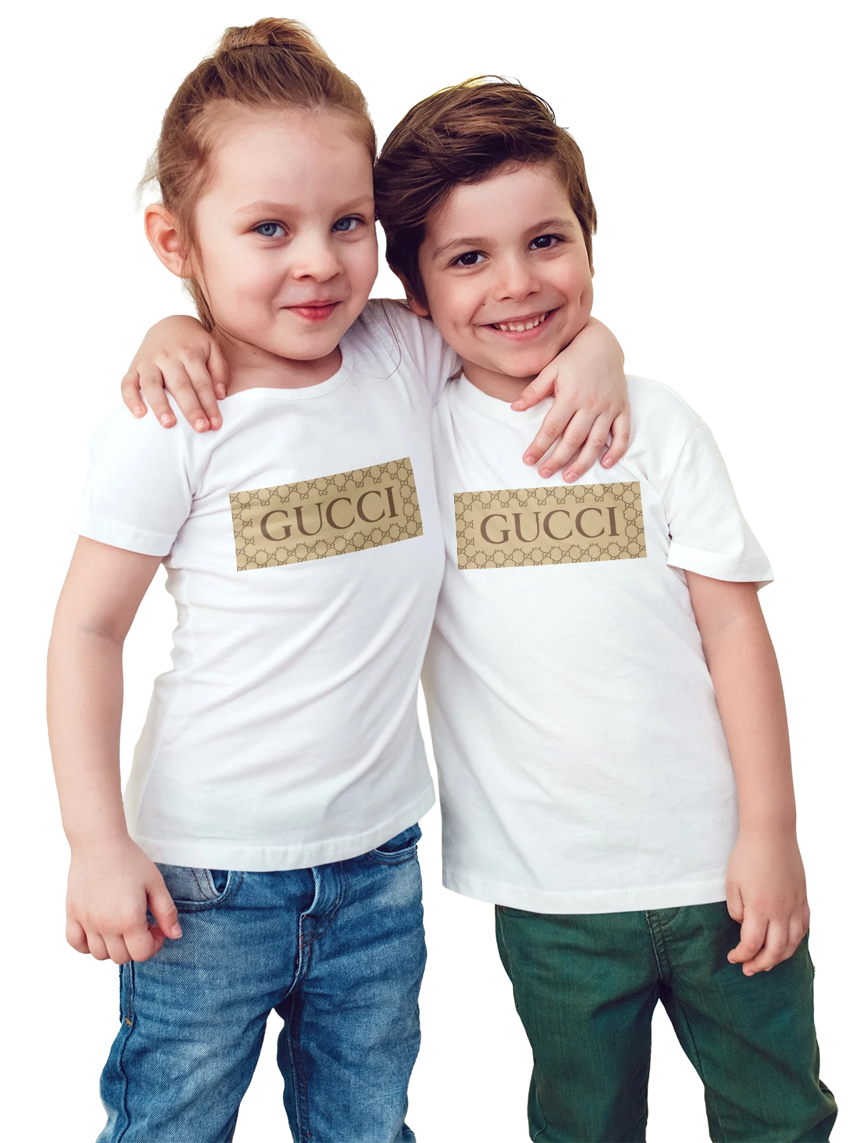 Футболка детская Gucci бежевый логотип GG по всему фону белая с принтом — люксовый бренд — Белая, фото 1