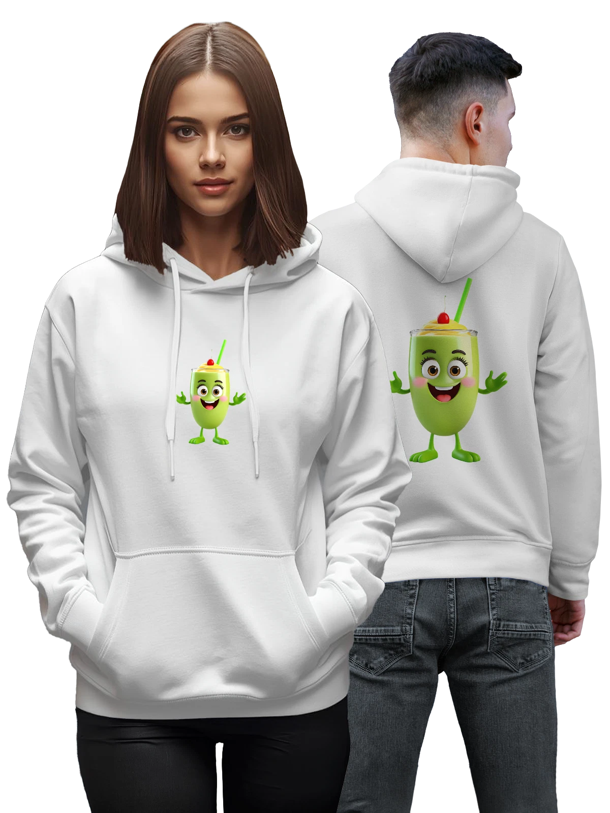 Худи Зеленый смузи с вишней и улыбчивым лицом белое с принтом — летний напиток — Белая, фото 1