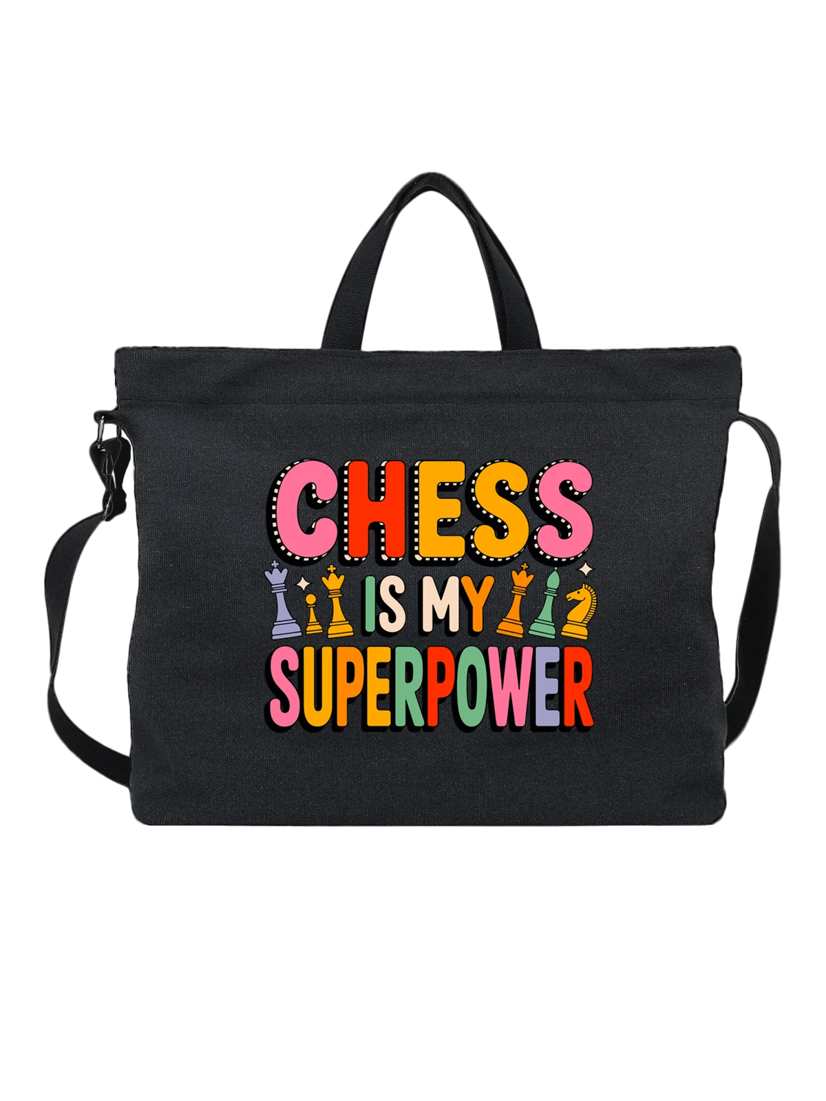 Сумка чёрная с принтом Chess is My Superpower с шахматами — ферзь — Чёрная, фото 1