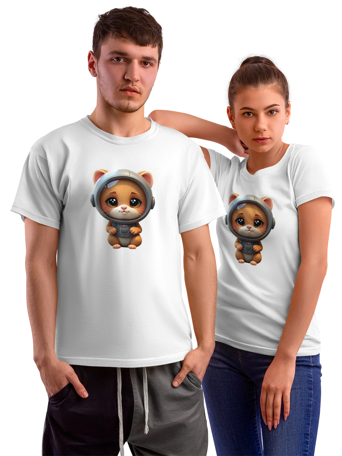Футболка Котенок в космическом шлеме и скафандре белая с принтом — космос — Белая, фото 1