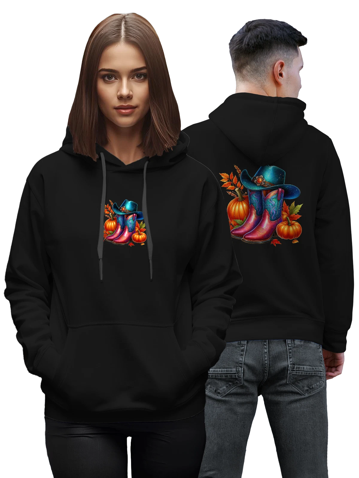Худи Ковбойские сапоги и шляпа с тыквами осень чёрное с принтом — кантри — Чёрная, фото 1