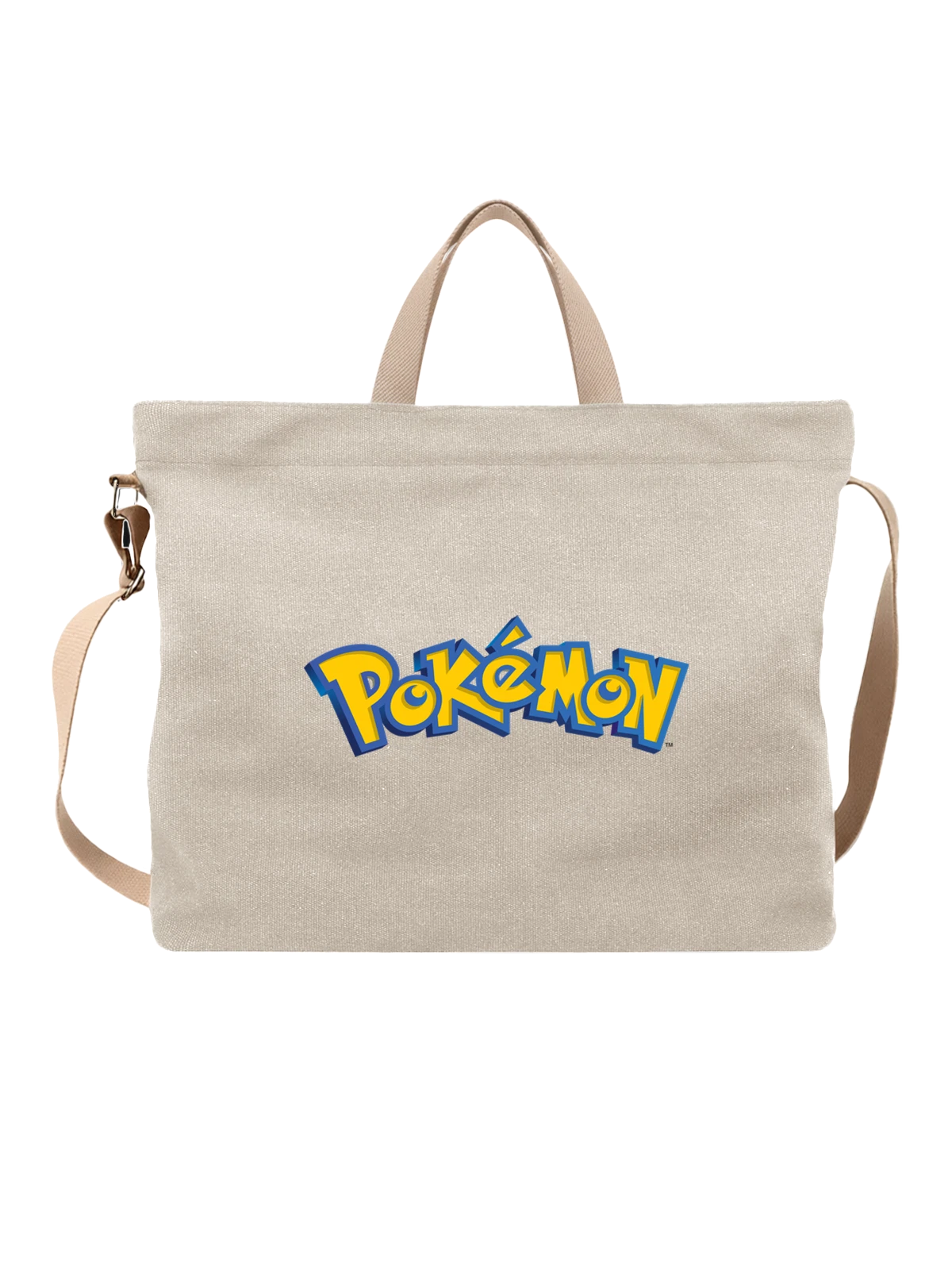 Сумка бежевая с принтом Логотип Pokemon жёлто синий бренд игра — эмблема — Бежевая, фото 1