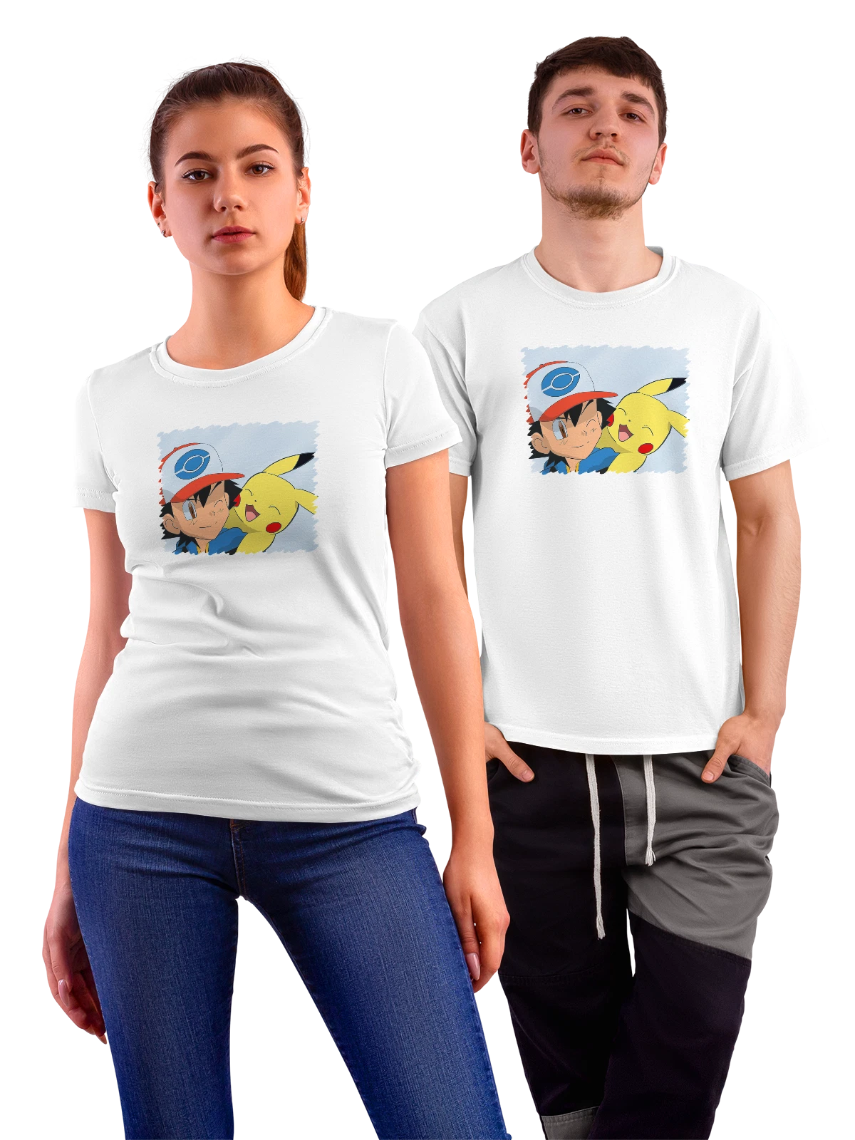 Футболка Anime Pikachu and Ash Ketchum in Pokemon белая с принтом — подарок отаку — Белая, фото 1