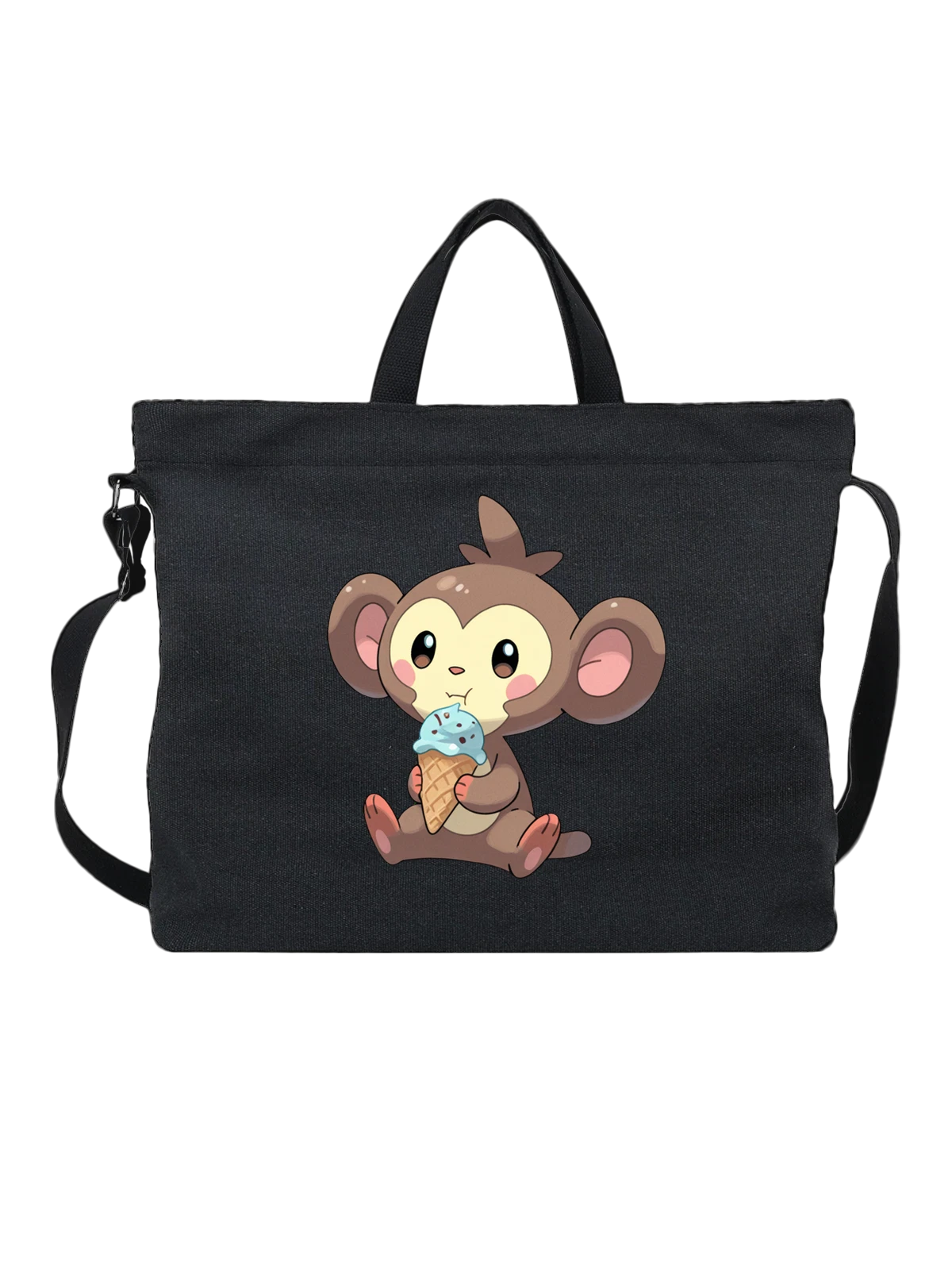 Сумка чёрная с принтом Милый малыш monkey с рожком мороженого — сидящая обезьянка — Чёрная, фото 1