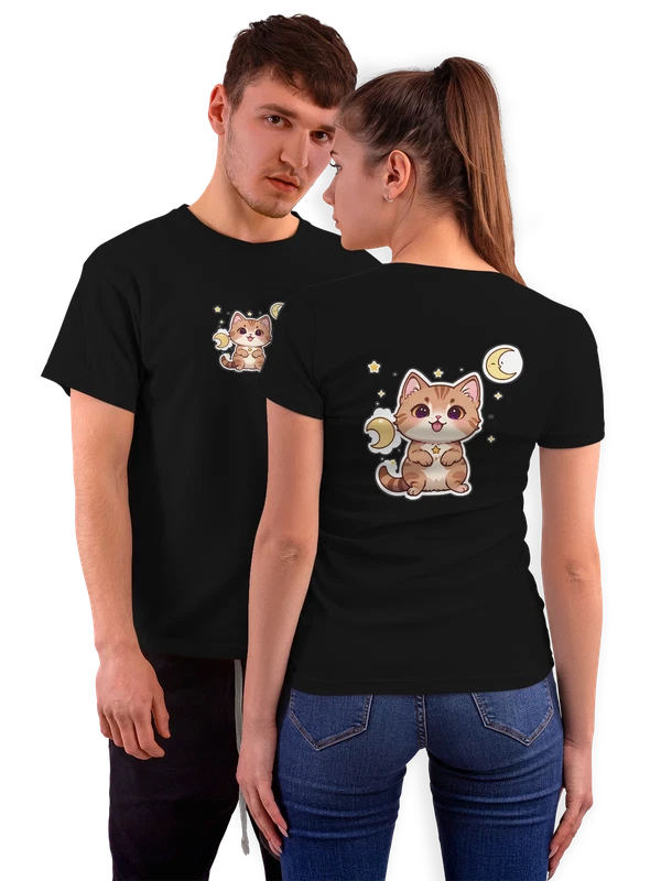 Футболка милый котенок с луной и звездами — Чёрная, фото 1