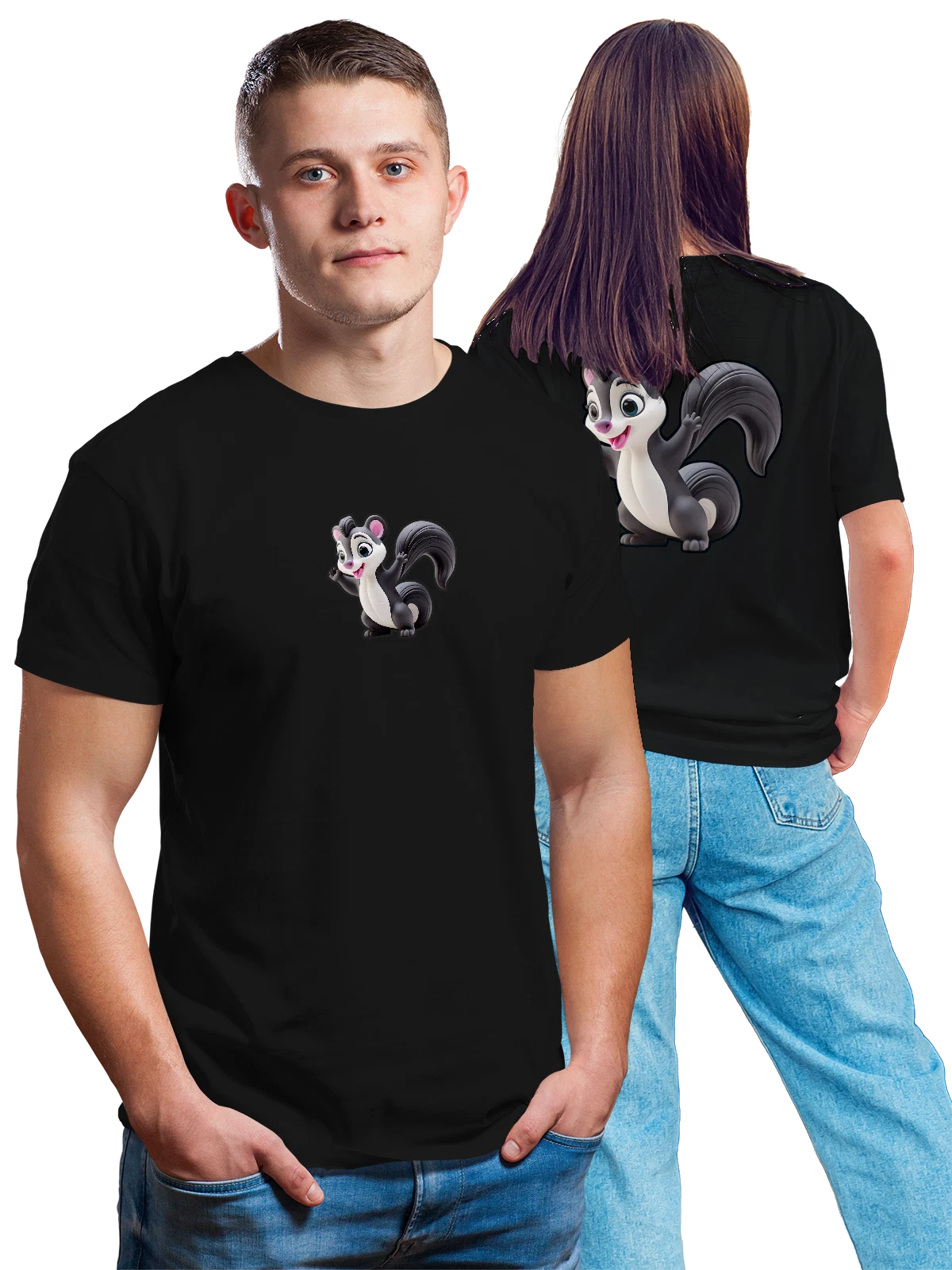Футболка Милый мультяшный скунс с пушистым хвостом чёрная с принтом на спине — млекопитающее — Чёрная, фото 1