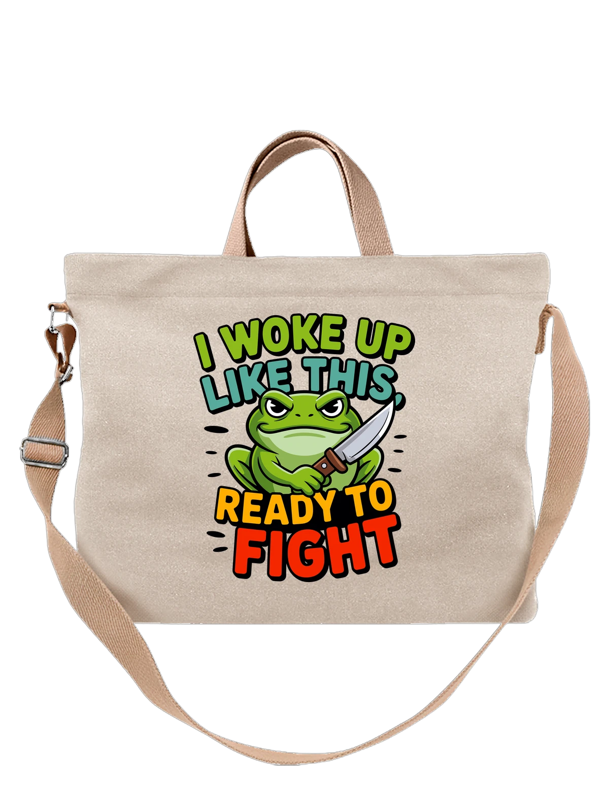 Сумка бежевая с принтом Лягушка с ножом и надписью Ready To Fight — ready to fight — Бежевая, фото 1