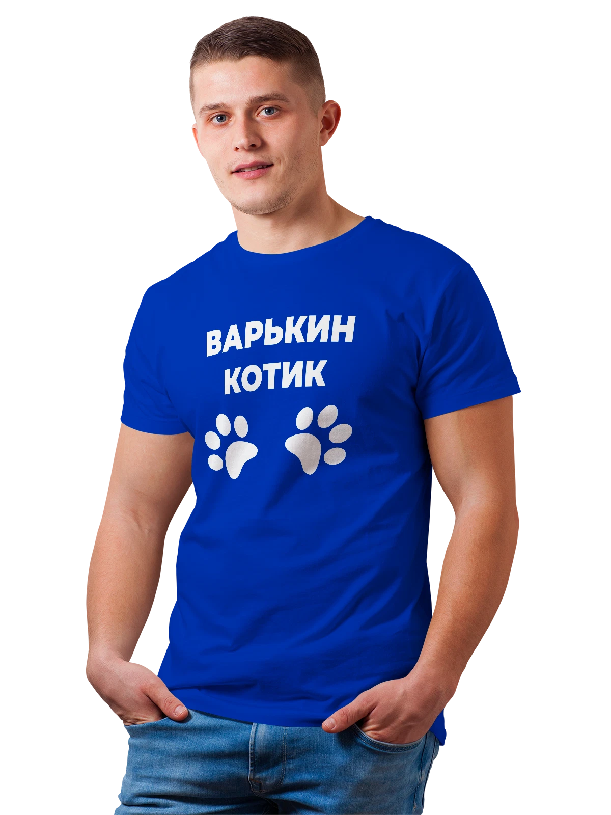 Футболка Имя Варвара Варя котик синяя с принтом — надпись с именем — Синяя, фото 1