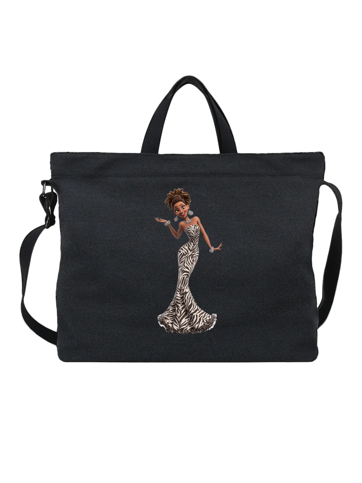 Сумка чёрная с принтом Девушка в зебровом платье пол — серьги — Чёрная, фото 1