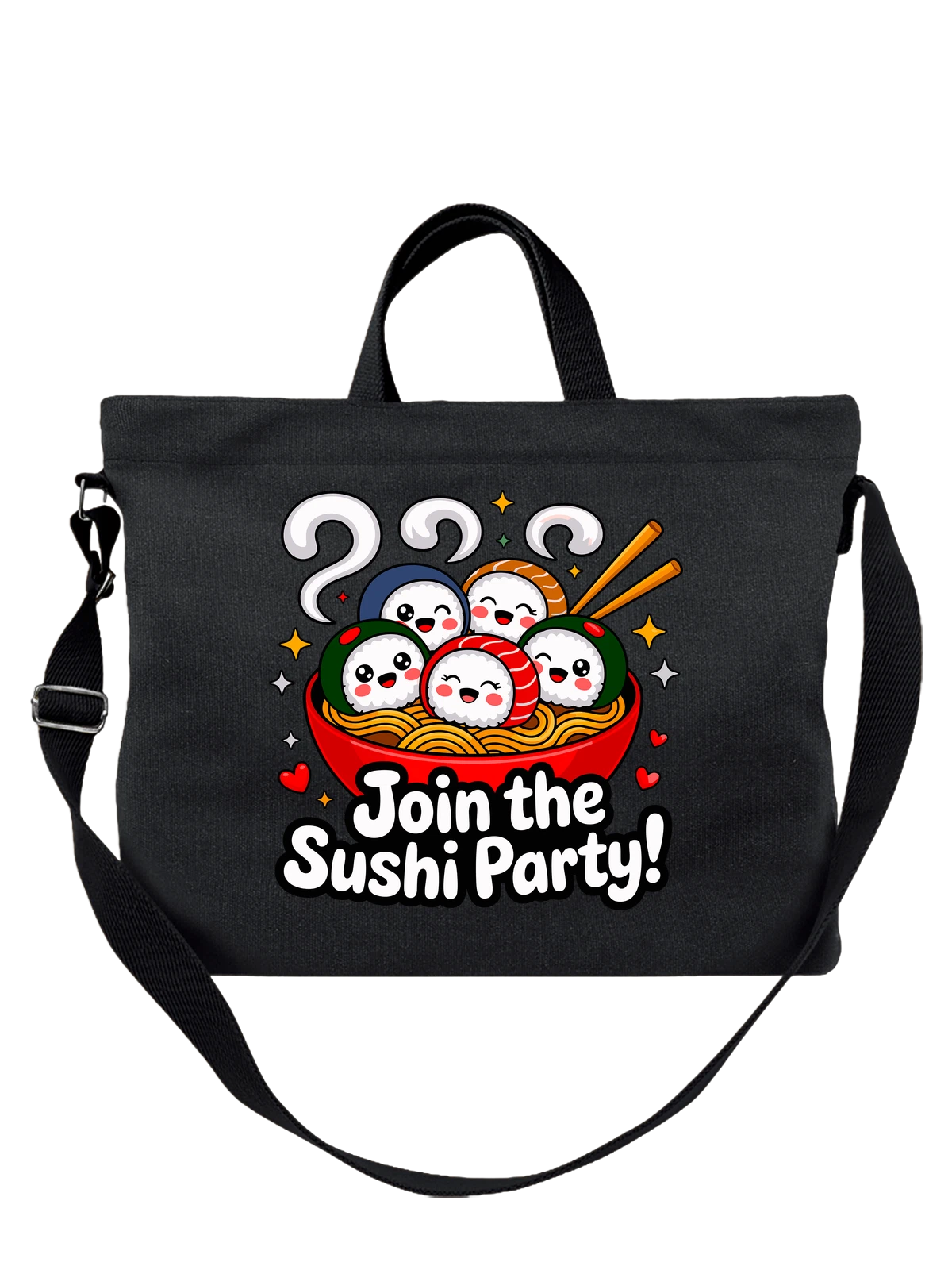 Сумка чёрная с принтом с суши и лапшой Join the Sushi Party — улыбающиеся суши — Чёрная, фото 1