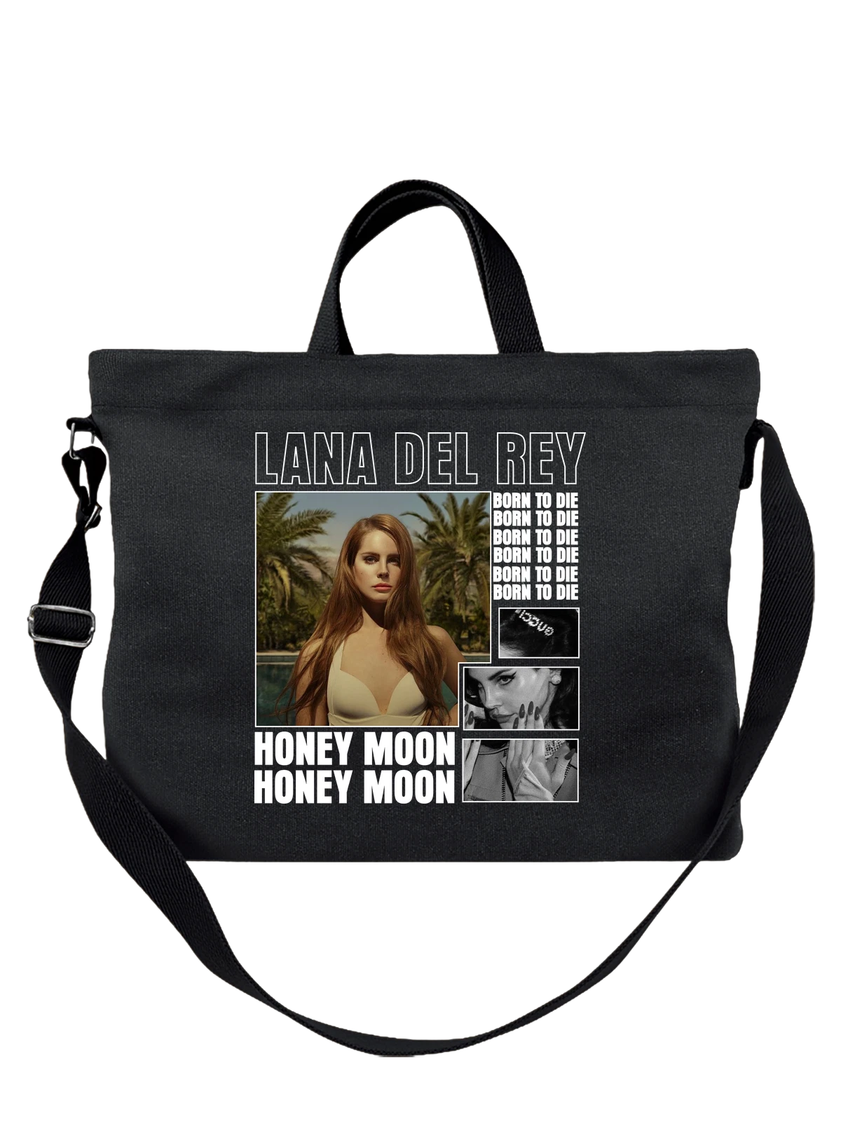 Сумка чёрная с принтом Lana Del Rey у бассейна с пальмами — тропический сад — Чёрная, фото 1