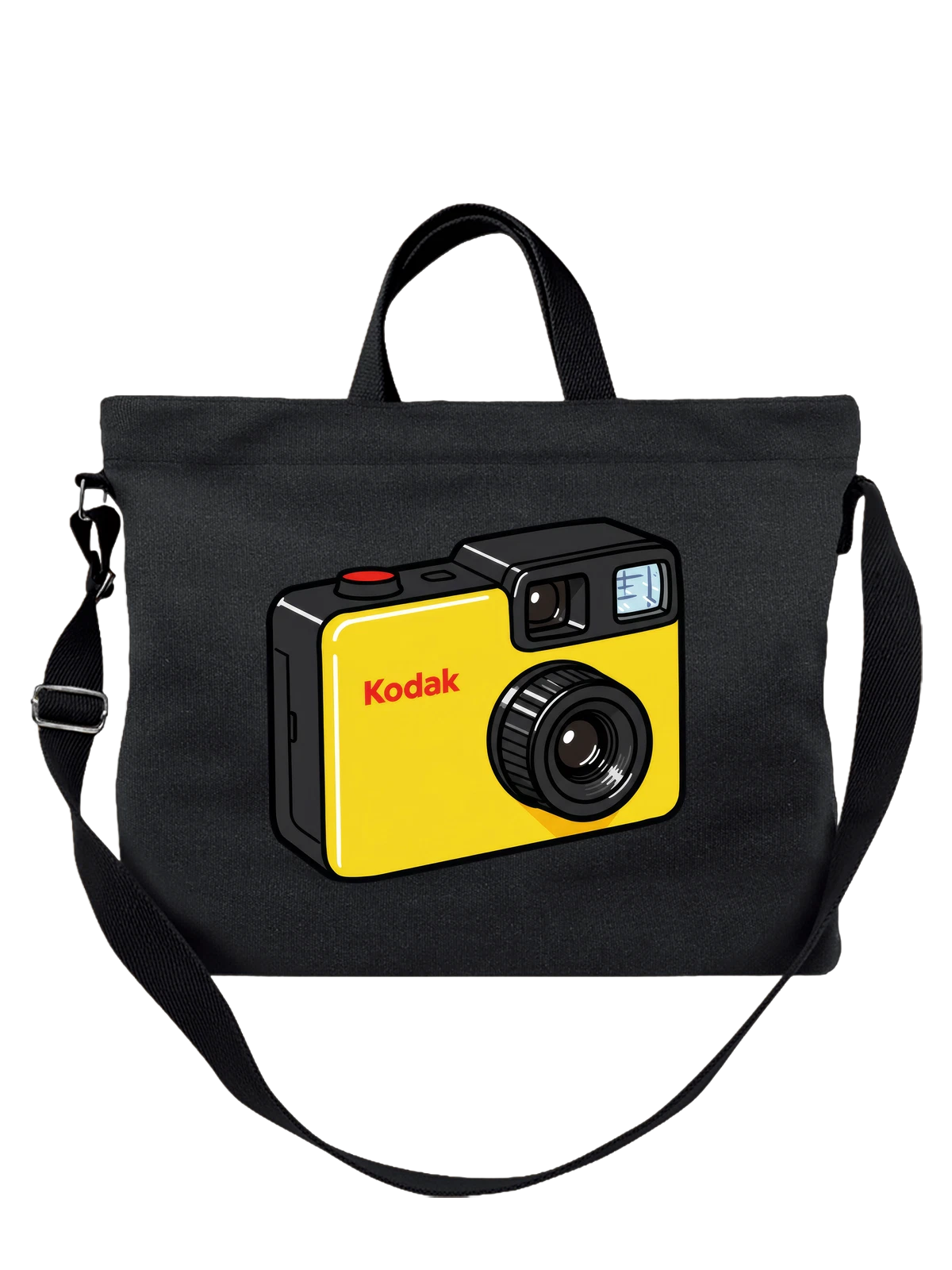 Сумка чёрная с принтом Жёлтая ретро камера Kodak с объективом — встроенная вспышка — Чёрная, фото 1
