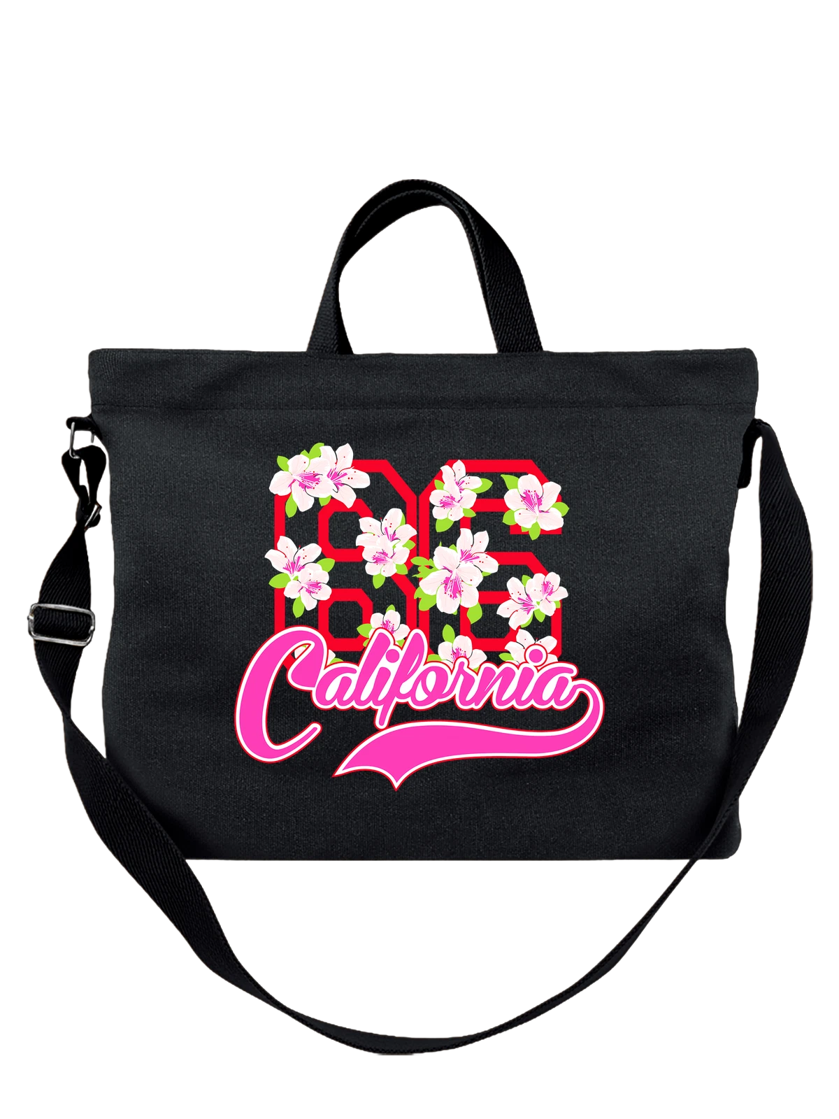 Сумка с надписью California 86 чёрная с принтом — подарок любителю цветов — Чёрная, фото 1