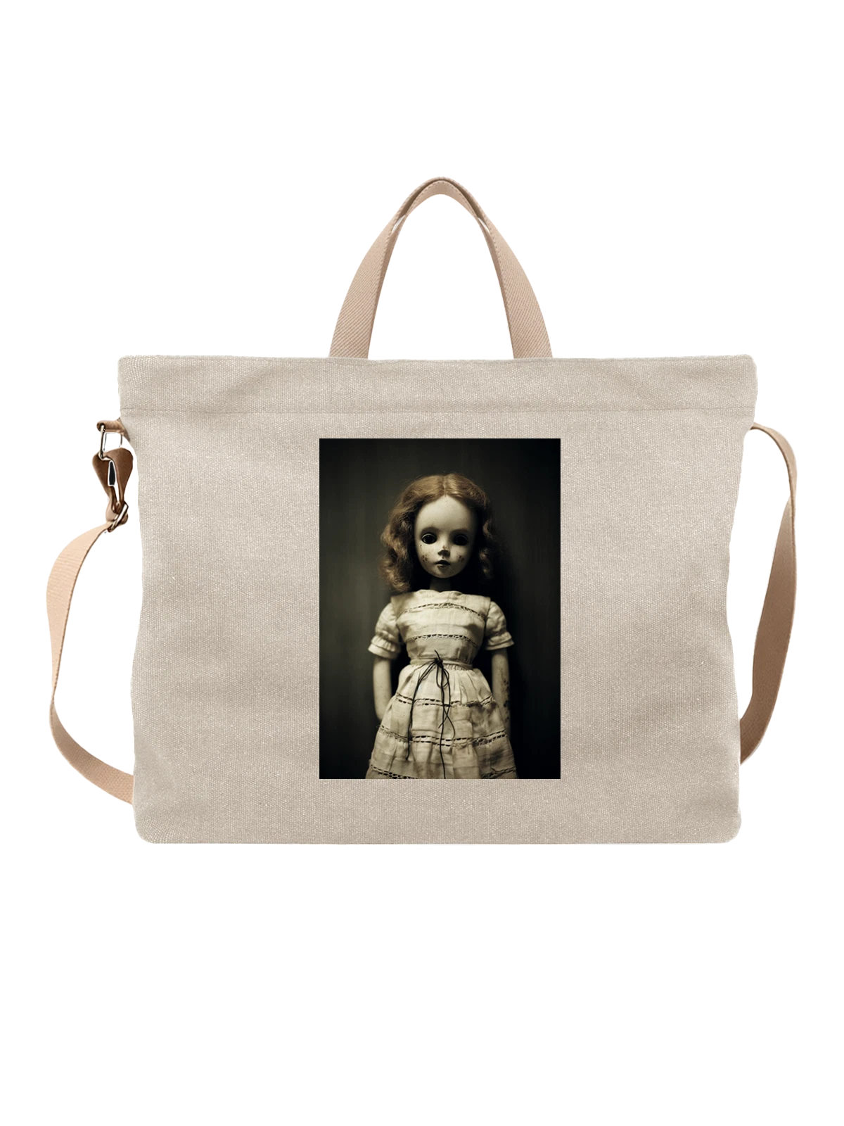Сумка бежевая с принтом Жуткая кукла с кудрявыми волосами и платье — doll art — Бежевая, фото 1