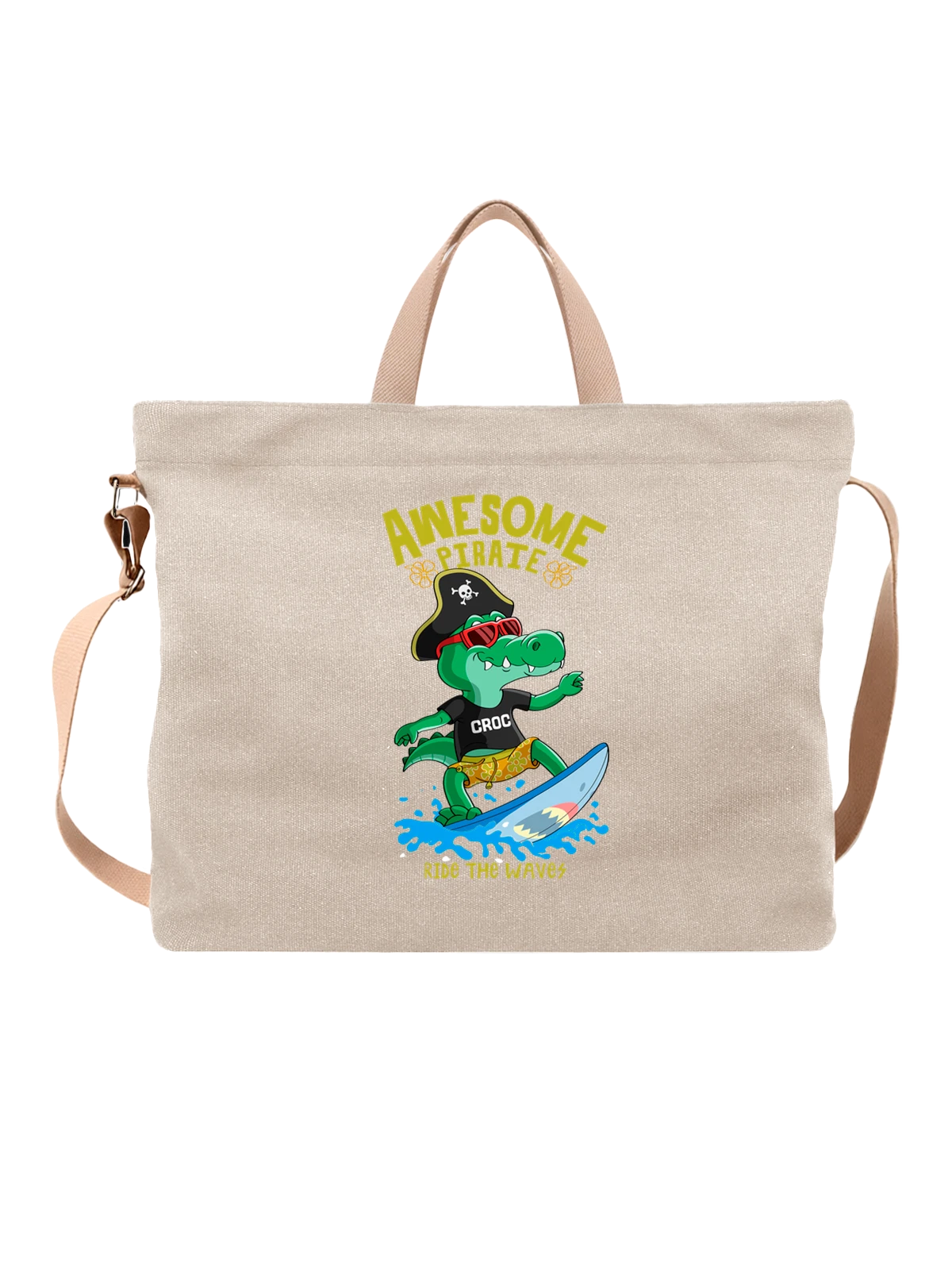 Сумка Крокодил серфинг awesome pirate белая с принтом — подарок любителю рептилий — Белая, фото 1