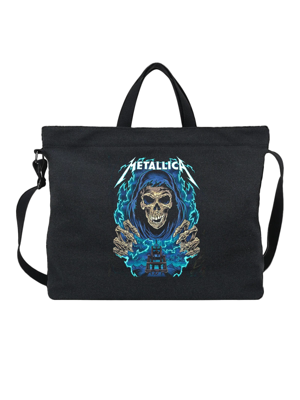 Сумка чёрная с принтом Metallica: череп в синем капюшоне — rock band — Чёрная, фото 1
