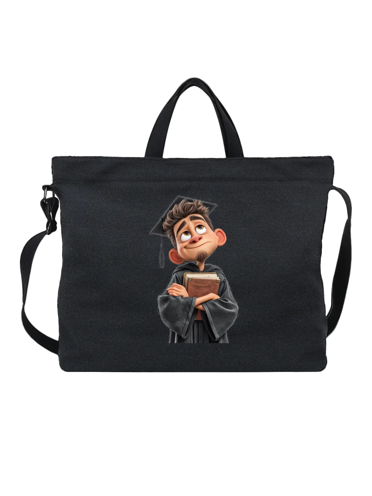 Сумка чёрная с принтом Мальчик выпускник с книгой в мантии — учеба — Чёрная, фото 1