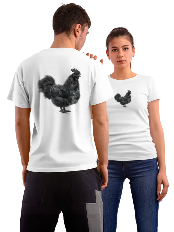 Футболка черный шелковый петух крупным планом среди листьев — Белая, фото 1