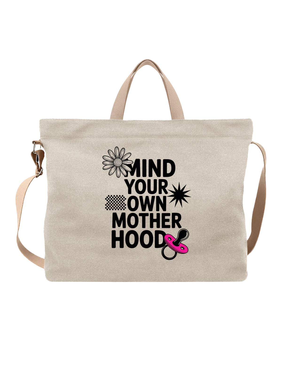 Сумка бежевая с принтом с надписью Mind Your Own Mother Hood — саркастическая фраза — Бежевая, фото 1