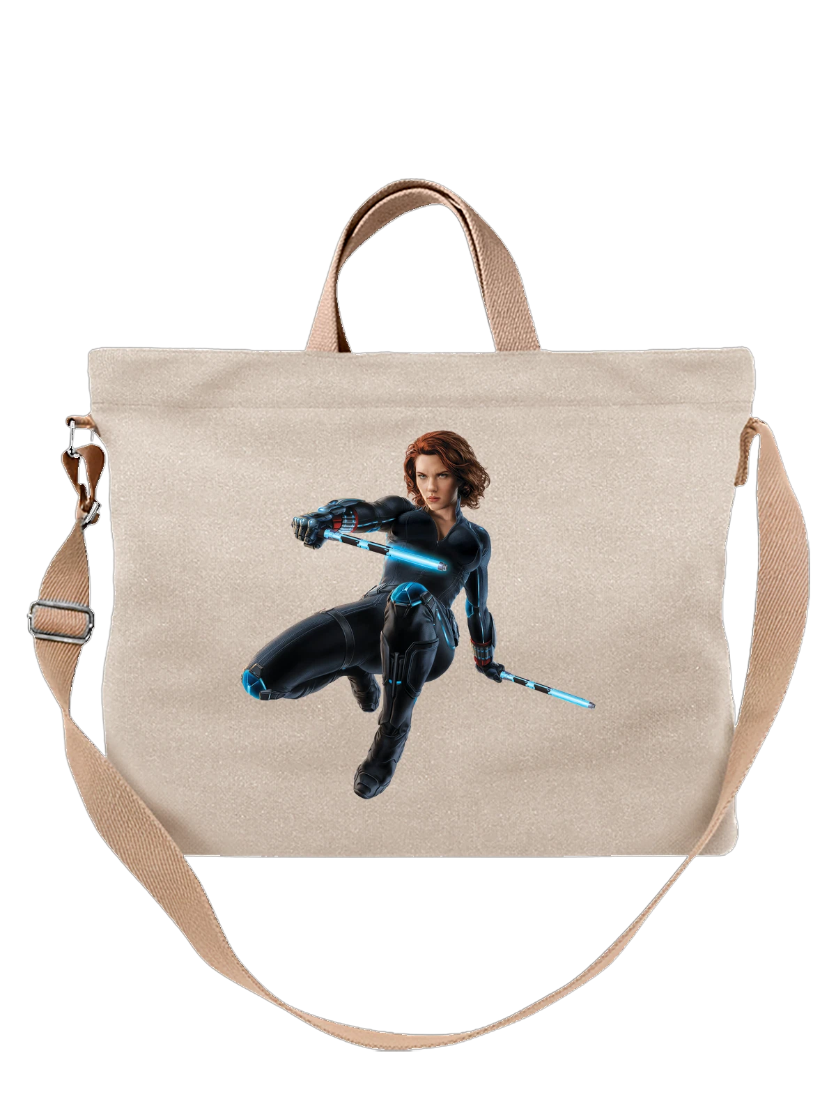 Сумка бежевая с принтом Черная Вдова с двумя световыми посохами — костюм спецагента — Бежевая, фото 1