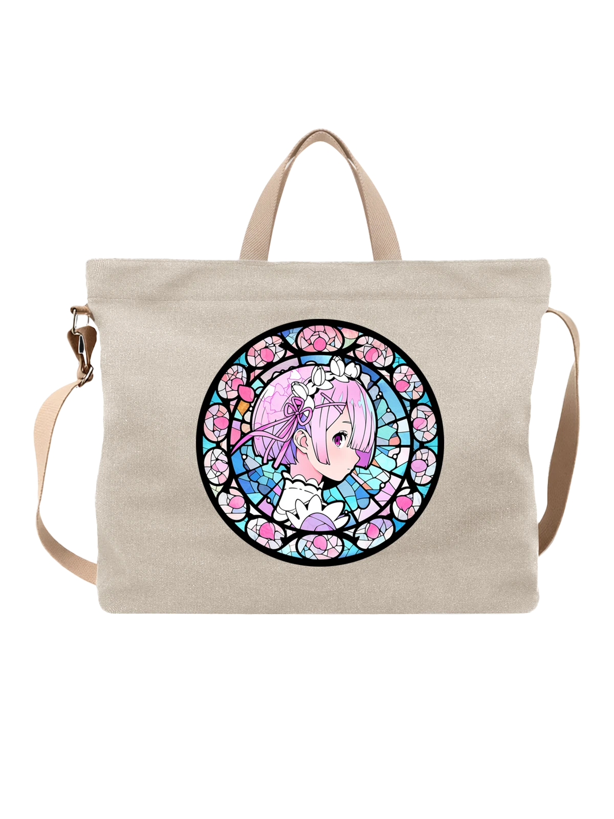 Сумка бежевая с принтом Pink-haired anime girl в витраже, профиль — pink and lilac palette — Бежевая, фото 1
