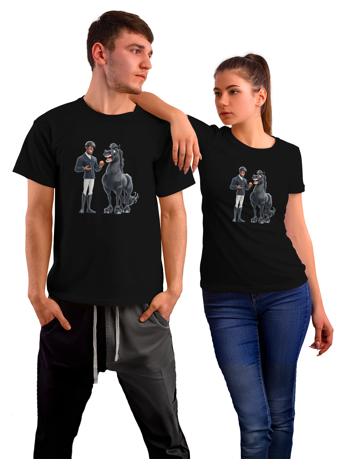 Футболка Жокей с яблоком и черным конем чёрная с принтом — cartoon 3D illustration — Чёрная, фото 1