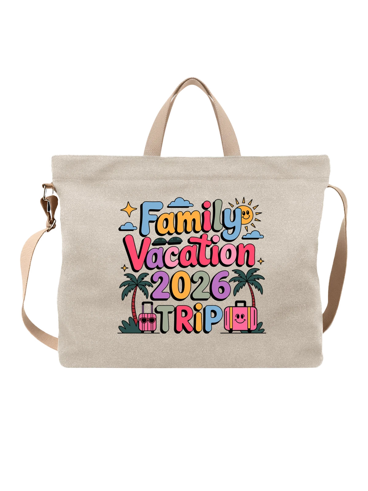 Сумка бежевая с принтом Family Vacation 2026 тропический отдых с пальмами — отпуск с семьей — Бежевая, фото 1