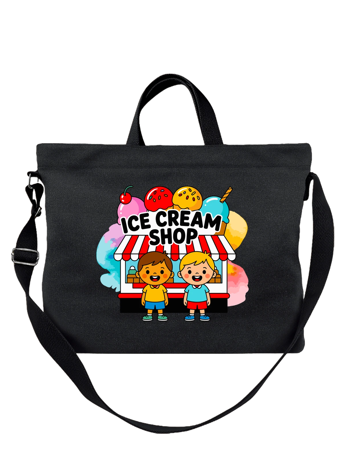 Сумка чёрная с принтом Дети у киоска мороженого Ice Cream Shop — вафельный рожок — Чёрная, фото 1