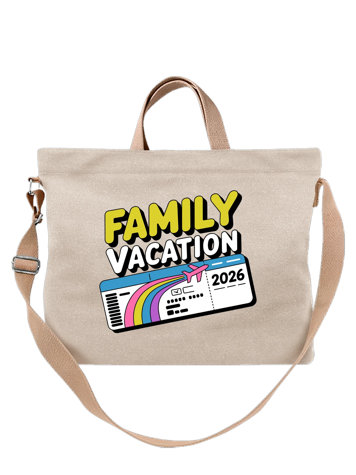 Сумка бежевая с принтом Family Vacation 2026 с авиабилетом — family vacation — Бежевая, фото 1