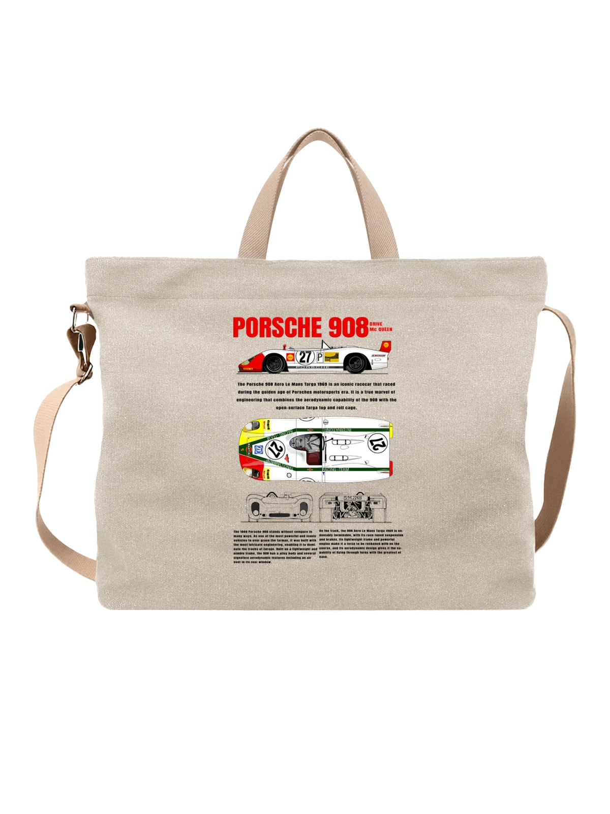 Сумка бежевая с принтом Porsche 908 гоночный болид Martini Racing — Martini Racing — Бежевая, фото 1