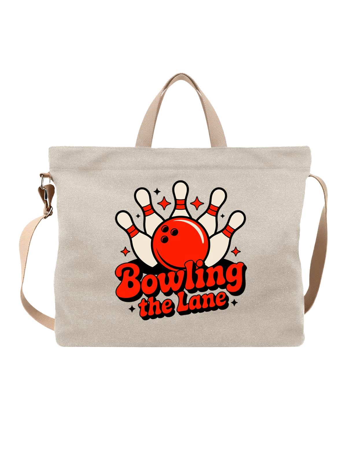 Сумка бежевая с принтом с шаром боулинга и кеглями Bowling the Lane — игра в кегли — Бежевая, фото 1
