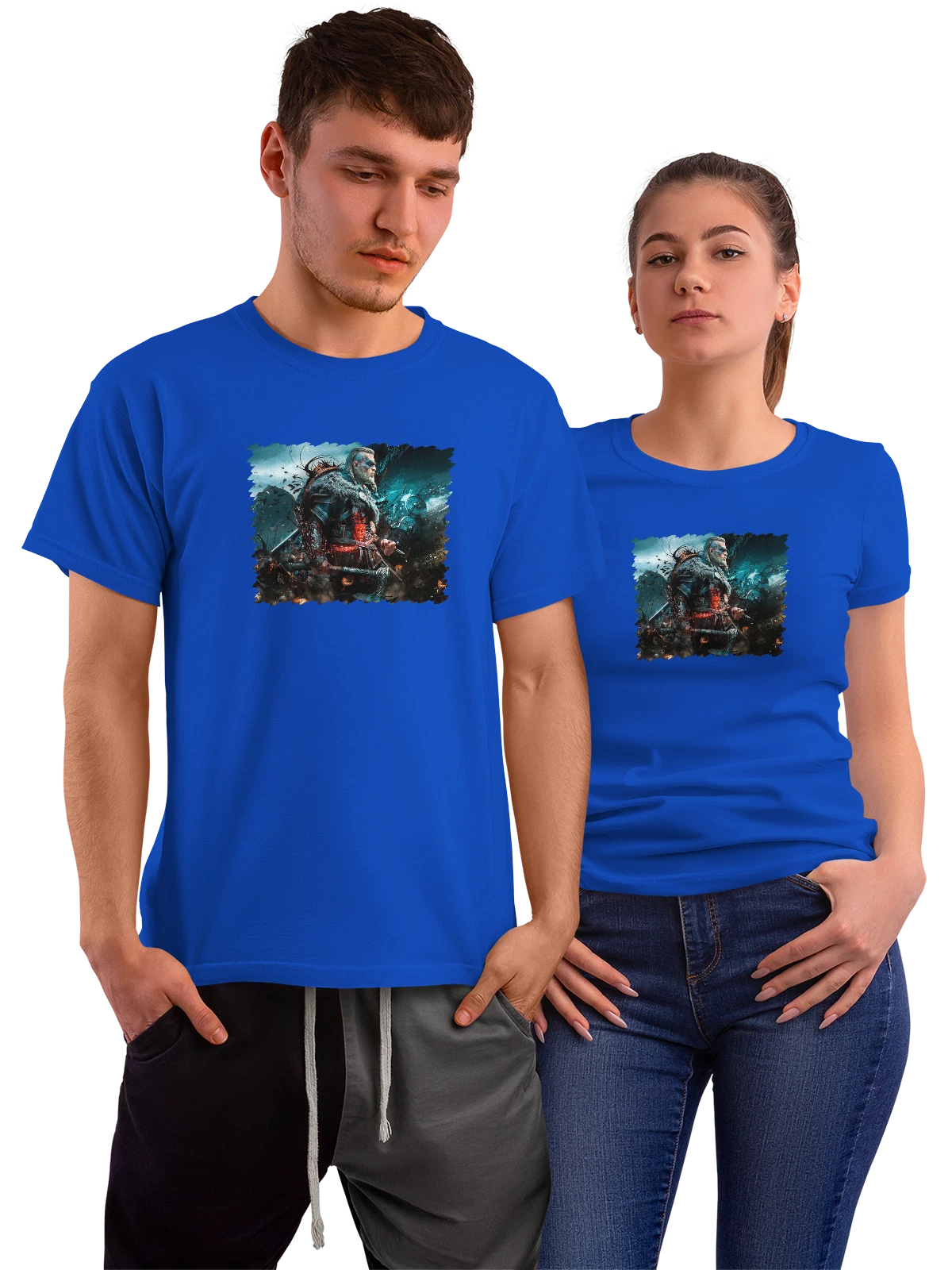 Футболка Игра Assassins Creed Valhalla Viking raider синяя с принтом — динамичный герой — Синяя, фото 1