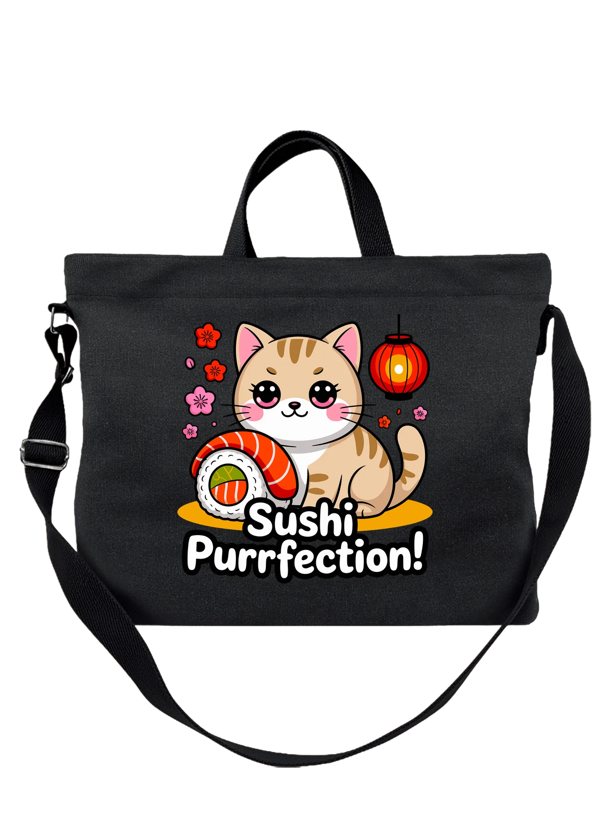 Сумка чёрная с принтом Kitten с роллом суши и сакурой, kawaii — salmon nigiri — Чёрная, фото 1