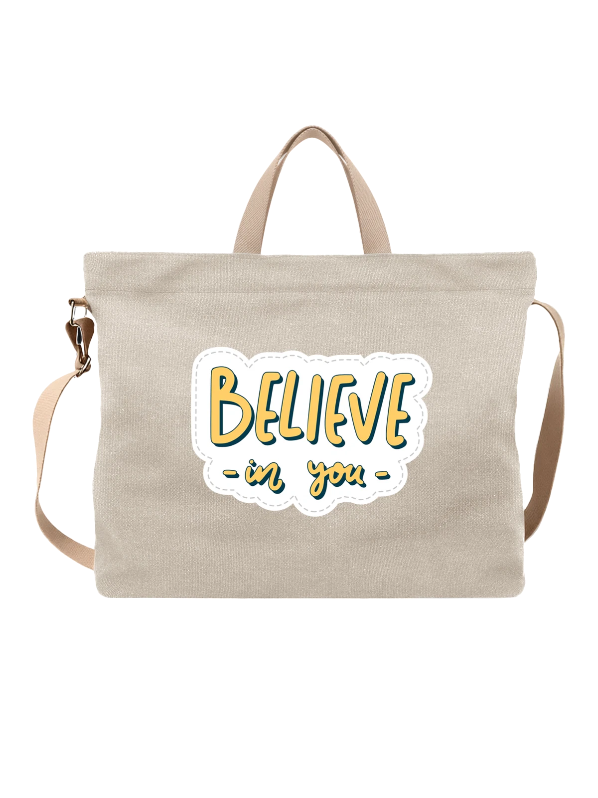 Сумка бежевая с принтом с надписью Believe in you мотивация — уверенность в себе — Бежевая, фото 1