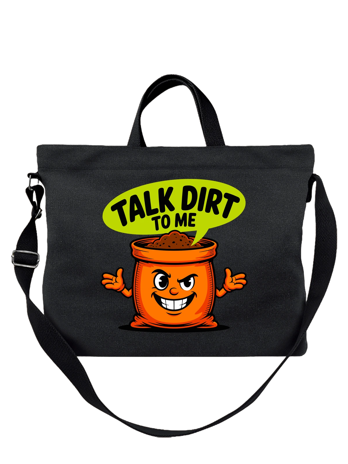 Сумка чёрная с принтом Горшок с грязью и надписью Talk Dirt — улыбка — Чёрная, фото 1