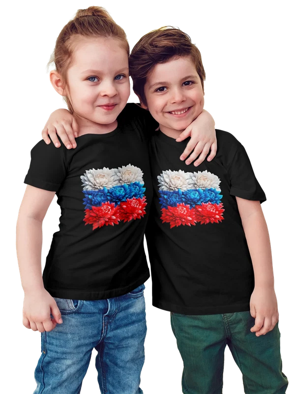 Футболка цветы флаг России — Чёрная, фото 1