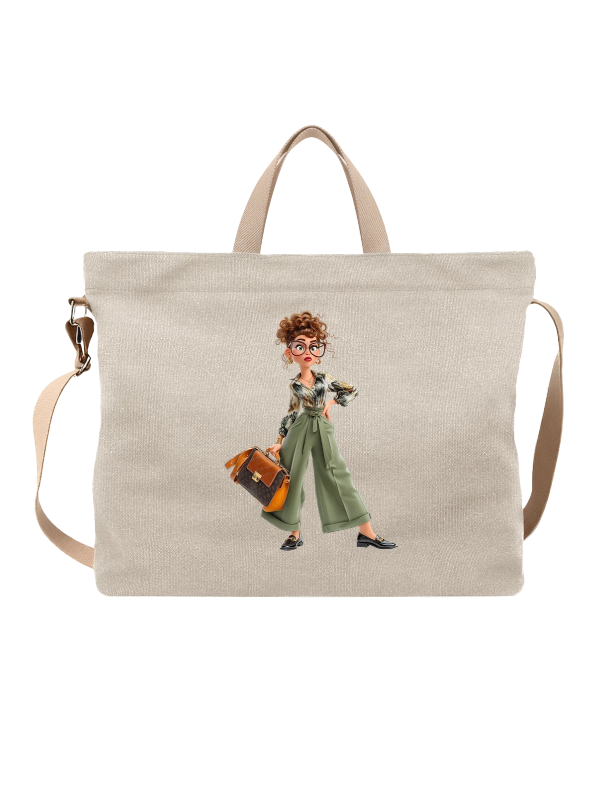 Сумка бежевая с принтом Модная девушка в очках и с кудрями — curly updo — Бежевая, фото 1
