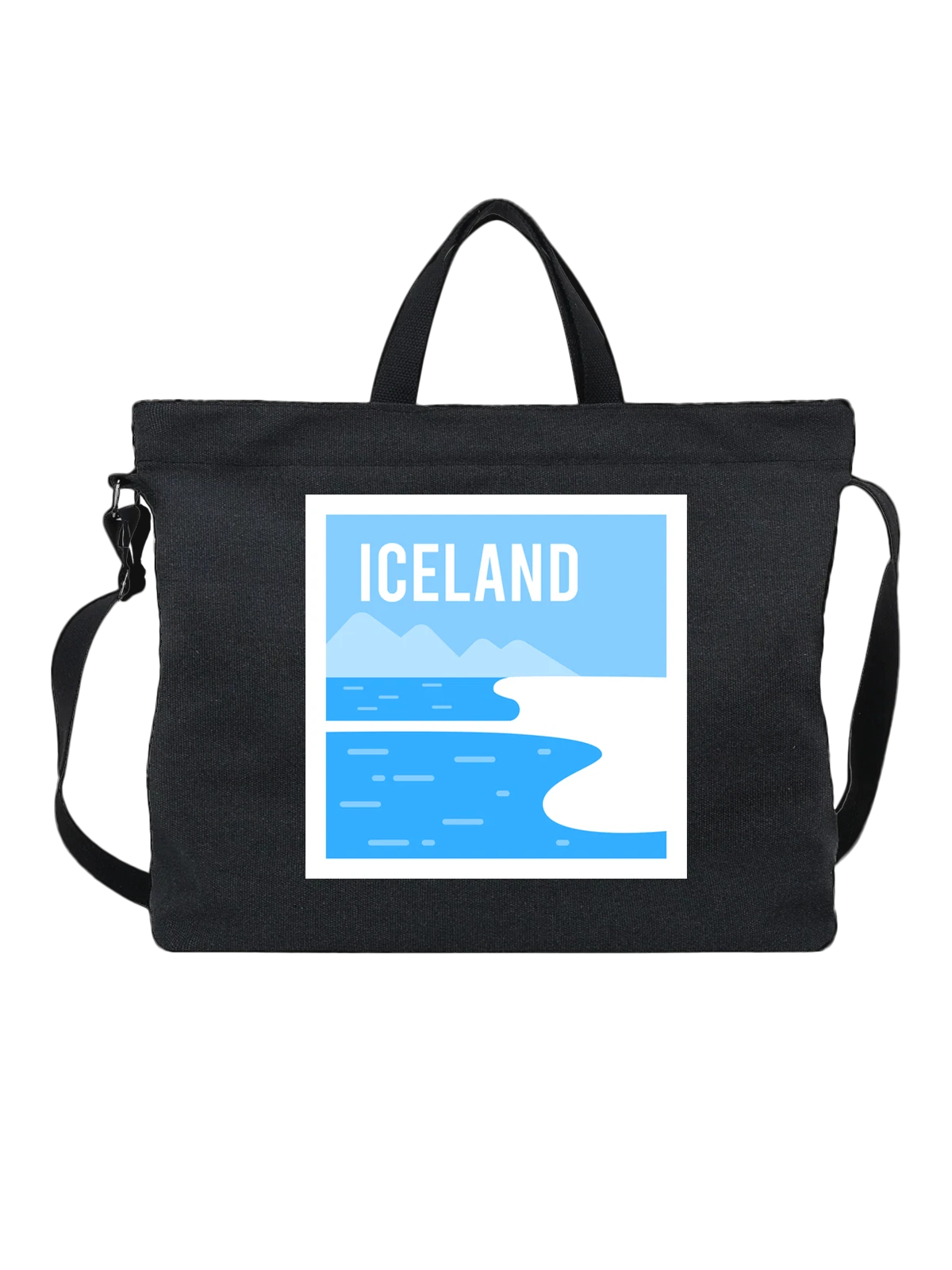 Сумка Iceland с горами и фьордами чёрная с принтом — голубые тона — Чёрная, фото 1